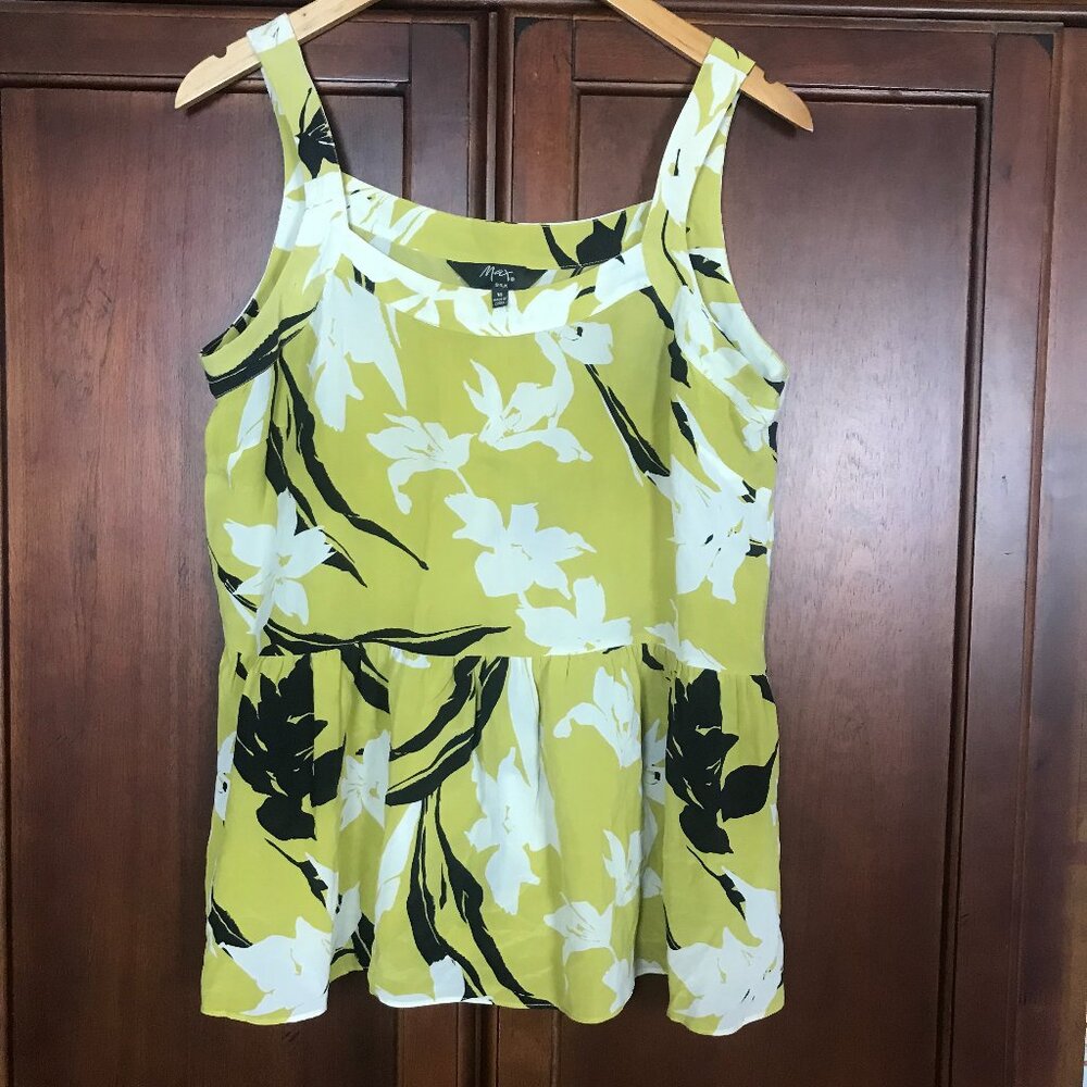 Max 100% Silk Yellow Floral Loose Tank Sleeveless Blouse Size 10